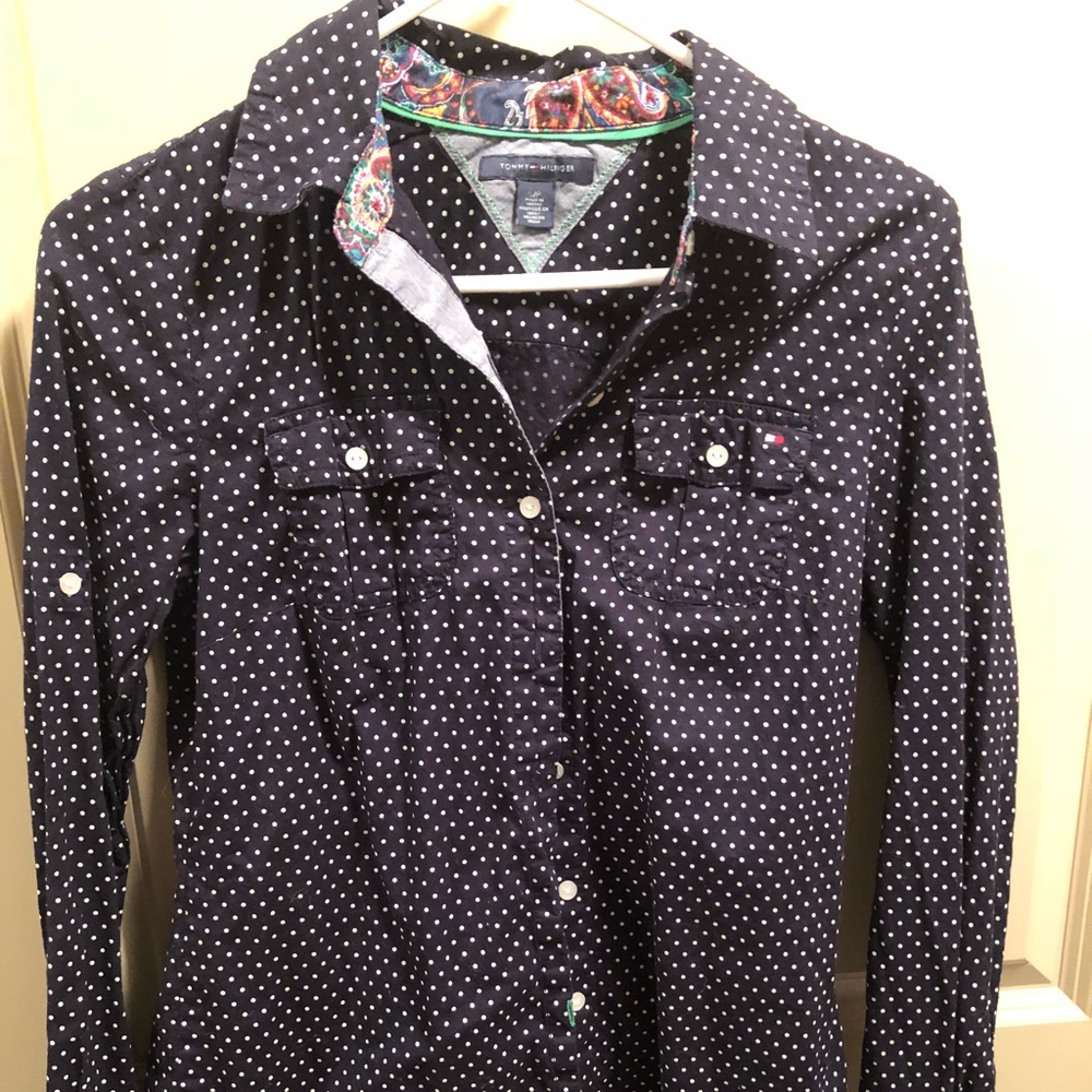 Tommy Hilfiger Blue polka dot button up top
